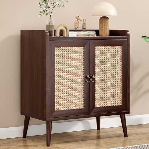 Sideboard Buffet Cabinet with Rattan Decorated Doors, Vintage Storage Cabinet for Dining Room, Living Room and Hallway, Wooden Side Cabinet with Spacious Drawers and Open Shelves in Kuwait