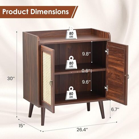 Sideboard Buffet Cabinet with Rattan Decorated Doors, Vintage Storage Cabinet for Dining Room, Living Room and Hallway, Wooden Side Cabinet with Spacious Drawers and Open Shelves in Kuwait