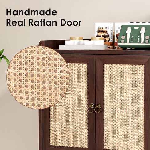 Sideboard Buffet Cabinet with Rattan Decorated Doors, Vintage Storage Cabinet for Dining Room, Living Room and Hallway, Wooden Side Cabinet with Spacious Drawers and Open Shelves in Kuwait