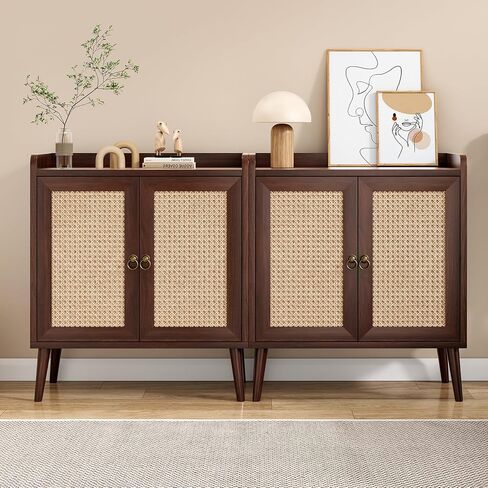 Sideboard Buffet Cabinet with Rattan Decorated Doors, Vintage Storage Cabinet for Dining Room, Living Room and Hallway, Wooden Side Cabinet with Spacious Drawers and Open Shelves in Kuwait
