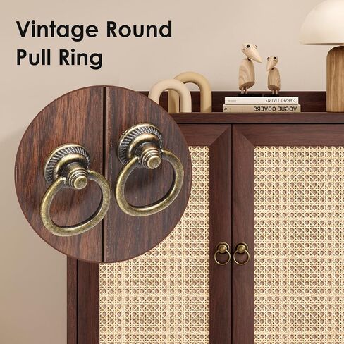 Sideboard Buffet Cabinet with Rattan Decorated Doors, Vintage Storage Cabinet for Dining Room, Living Room and Hallway, Wooden Side Cabinet with Spacious Drawers and Open Shelves in Kuwait