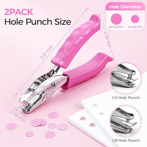 2 PCS Single Hole Punch, 1/4 Inch and 1/8 Inch Hole Puncher with Pink Soft Grip Handle, Handheld Small Circle Paper Punch for Crafts, Scrapbooks, Tags, Tickets in Home Office Classroom in Kuwait