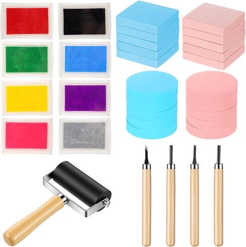32 Pcs Rubber Stamp Making Kit with Block Printing Kit, Linodeum Caving Tools with 8 Type Blacks, Pink Rubber Catching Block and Rubber Brayer Roller Soft Stamp Carving KIt for DIY Crafts in Kuwait