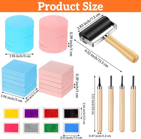 32 Pcs Rubber Stamp Making Kit with Block Printing Kit, Linodeum Caving Tools with 8 Type Blacks, Pink Rubber Catching Block and Rubber Brayer Roller Soft Stamp Carving KIt for DIY Crafts in Kuwait