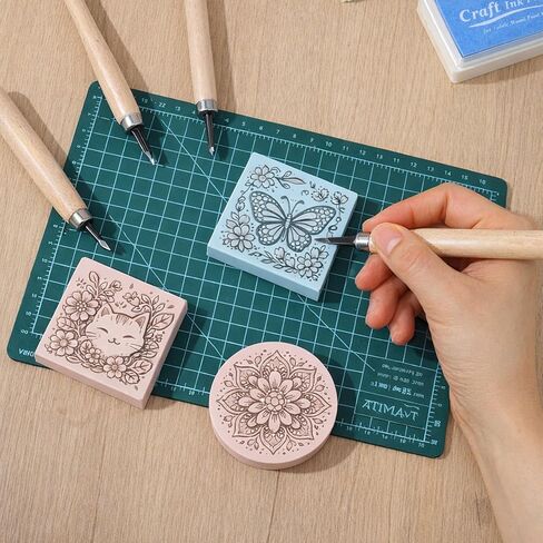32 Pcs Rubber Stamp Making Kit with Block Printing Kit, Linodeum Caving Tools with 8 Type Blacks, Pink Rubber Catching Block and Rubber Brayer Roller Soft Stamp Carving KIt for DIY Crafts in Kuwait
