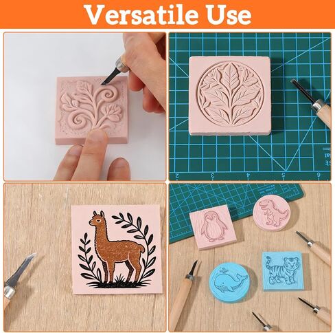 32 Pcs Rubber Stamp Making Kit with Block Printing Kit, Linodeum Caving Tools with 8 Type Blacks, Pink Rubber Catching Block and Rubber Brayer Roller Soft Stamp Carving KIt for DIY Crafts in Kuwait
