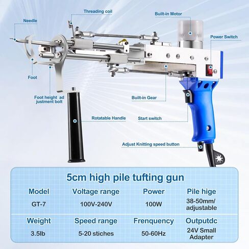 BESGEER Carpet Tufting Gun Starter Kit, Long Pile Rug-Maker-Machine,2 in 1-Cut-Loop-Tufting-Gun, Electric-Rug-Making-Kit for Beginners (Blue 5cm Pile) in Kuwait