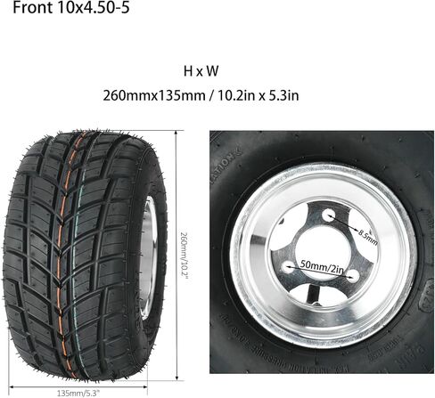 4-Pack 5'' Front & Rear Tubeless Tires with Front 10x4.50-5 and Rear 11x7.10-5 Wheels, 50mm Hub Mount, 17mm/24mm Hub Bore for Go Kart, ATV, Quad, 4-Wheeler in Kuwait