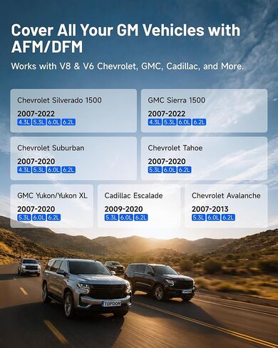 TOPDON AFM/DFM Disabler for GM 2007–2025، جهاز تعطيل obd2 AFM لسيلفرادو، سييرا، تاهو، يوكون، إسكاليد وكامارو، يمنع إلغاء تنشيط الأسطوانة، توصيل وتشغيل تعطيل إدارة الوقود النشط in Kuwait