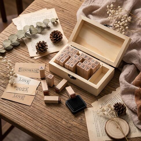 36 Pcs Alphabet Number Stamps - Wooden Rubber Vintage Design with Storage Box, Clear Printing for DIY Craft Scrapbooking Card Making in Kuwait