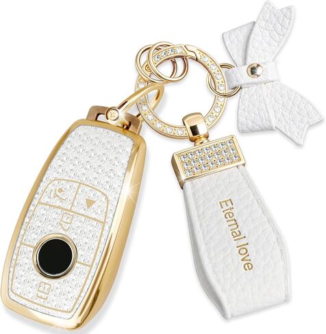 Key Fob Cover with Diamond Keychain for Mercedes Benz Car Key Shell Compatible with Benz 2017-2021 E-Class 2018-2021 S-Class 2019-2021 A-Class C-Class G-Class (4 Buttons--Pink Bowknot) in Saudi Arabia