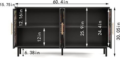 60.3 Inches 4 Door Buffet Cabinet, Glazed Painting Art Storage Cabinet, American Console Table Decorative Sideboard for Dining Room Bedroom, Black (4 Doors) in Kuwait
