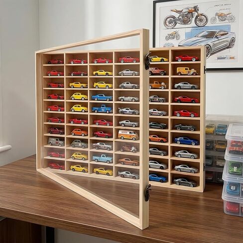 Wooden Storage Display Shelf with Dust Resistant Acrylic Door Model Car Storage Cabinet 1:64 Scale Model Car Display Organizer Store Up to 50 Mini Cars in Kuwait