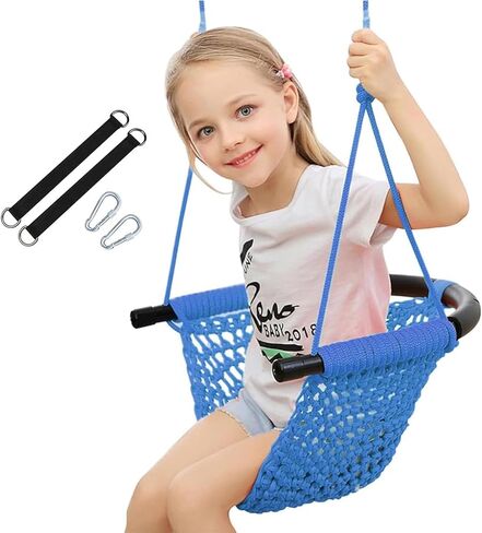 Hand-Knitting Toddler Swing, Swing for Kids with Adjustable Ropes, Heavy Duty Rope Play Secure Children Swing Set, for Indoor, Outdoor, Playground, Tree, 440 lbs Capacity (Blue) in Saudi Arabia