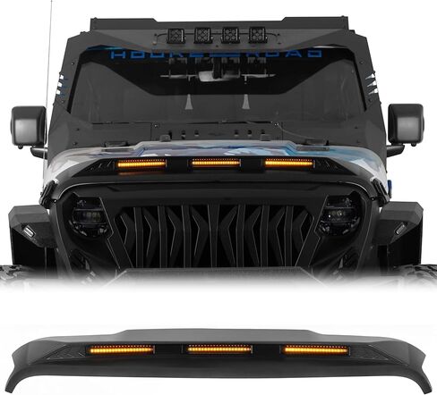 Hooke Road JL JT Hood Protector Bug Deflector Stone Guard with Amber Lights for 2018-2024 Jeep Wrangler JL & Gladiator JT Base Hood Models Only (Not for 2025+ Vehicle) in Kuwait