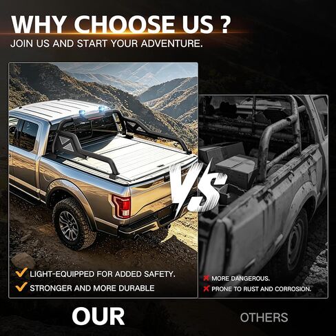 YZONA Sport Roll Bar لشاحنات الالتقاط، حامل مطاردة للسرير مقاس 53.4"-60" قابل للتعديل مع مصابيح LED متوافقة مع المصارع، كولورادو، كانيون، فرونتير، رينجر، ريدجلاين، تاكوما in Kuwait
