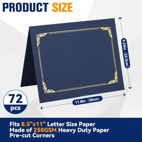 72 Packs Certificate Covers, 250gsm Navy Blue Diploma Holders with Gold Foil Border, Suitable for Inner Pages with a Size of 8.5x11 Award Certificates, Document Papers, Paper Card Stock in Kuwait