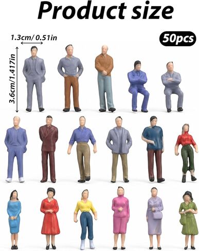50pcs Mini People Figurines 1:50 Scale Mini Architectural Painted Figures Model Standing and Seated Passengers for O Scale Model Train Railway Layout Scenery Diorama in Kuwait