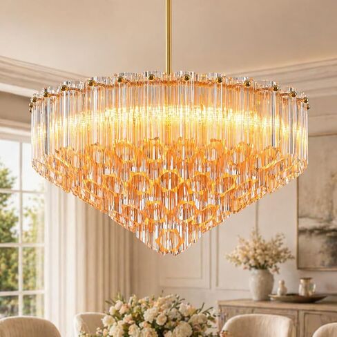 30" Modern Dining Room Chandeliers, 13-Light Amber Crystal Chandeliers, Dimmable Blown Glass Chandelier for Living Room, Round Glod Large Chandelier for High Ceiling, Bedroom, Entryway, Staircase in Saudi Arabia