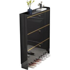 Shoe Cabinet, 17cm Ultra-Thin Narrow flip Shoe Cabinet, 3-Story Modern Entrance Shoe Rack, Black Glossy with Gold Trim, Small Space Apartment with Adjustable compartments in Kuwait