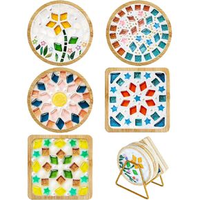 5 Sets DIY Mosaic Kits for Adults Women-Mothers Day Gifts Mixed Color Glass Mosaic Tiles Craft Coaster Kit, Complete Mosaic Handmade Craft Set, Wooden Coasters for Drinks Home Decoration and Gift Idea in Saudi Arabia