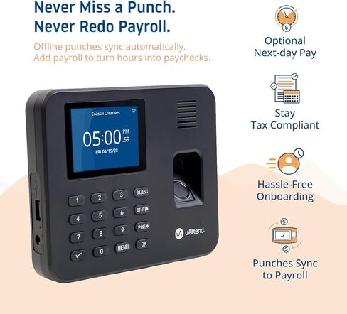 uAttend RE2000 Biometric Time Clock for Employees – Fingerprint + PIN Punching, Wi‑Fi Cloud Time & Attendance System with Offline Storage, Payroll-Ready – Small Business Time Tracking in Kuwait