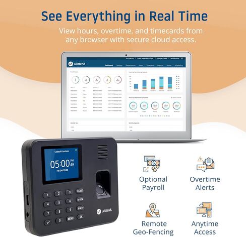 uAttend RE2000 Biometric Time Clock for Employees – Fingerprint + PIN Punching, Wi‑Fi Cloud Time & Attendance System with Offline Storage, Payroll-Ready – Small Business Time Tracking in Kuwait