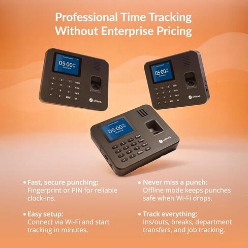 uAttend RE2000 Biometric Time Clock for Employees – Fingerprint + PIN Punching, Wi‑Fi Cloud Time & Attendance System with Offline Storage, Payroll-Ready – Small Business Time Tracking in Kuwait