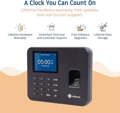 uAttend RE2000 Biometric Time Clock for Employees – Fingerprint + PIN Punching, Wi‑Fi Cloud Time & Attendance System with Offline Storage, Payroll-Ready – Small Business Time Tracking in Kuwait