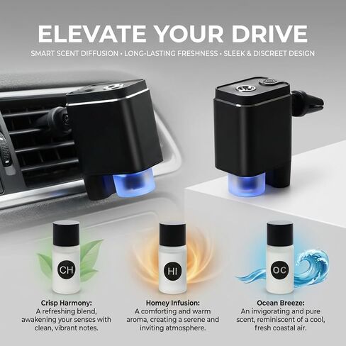 قطعتان من معطر الهواء للسيارة الذكية، تشغيل/إيقاف تلقائي مع 3 أوضاع، يدوم طويلاً مع 6 زيوت عطرية في 3 روائح، موزع روائح عطرية للسيارة قابل لإعادة الشحن مع مشبك فتحة تهوية in Kuwait