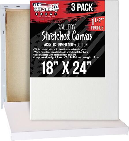 لوحة قماشية كبيرة ممتدة من US Art Supply مقاس 18x24 بوصة وعمق المعرض 1-1/2 بوصة سميكة، 3 عبوات - 12oz أكريليك جيسو ثلاثي الطبقات، جودة فنية احترافية، 100% قطن - زيت، طلاء صب in Kuwait