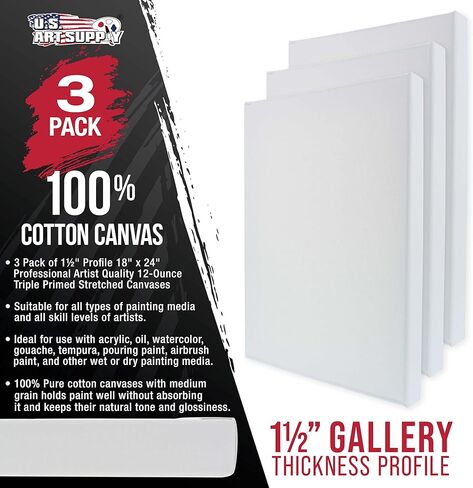 لوحة قماشية كبيرة ممتدة من US Art Supply مقاس 18x24 بوصة وعمق المعرض 1-1/2 بوصة سميكة، 3 عبوات - 12oz أكريليك جيسو ثلاثي الطبقات، جودة فنية احترافية، 100% قطن - زيت، طلاء صب in Kuwait