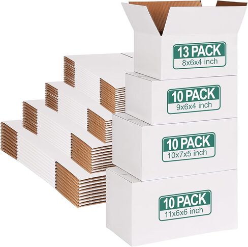 MAPVOLUT 43-Piece Assorted Sizes Small Shipping Boxes - White Corrugated Mailing Boxes for Small Business, Packaging, and Gift Shipping - Includes 4 Sizes (8x6x4, 9x6x4, 10x7x5, 11x6x6) in Kuwait