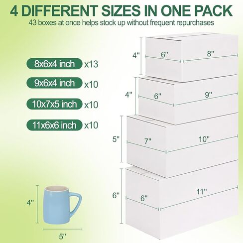 MAPVOLUT 43-Piece Assorted Sizes Small Shipping Boxes - White Corrugated Mailing Boxes for Small Business, Packaging, and Gift Shipping - Includes 4 Sizes (8x6x4, 9x6x4, 10x7x5, 11x6x6) in Kuwait