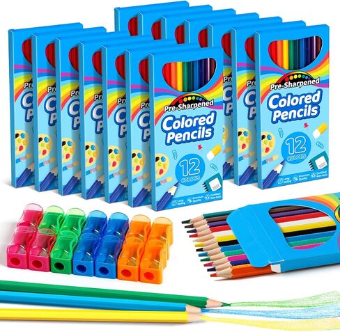 V-Opitos 168 Count Colored Pencils for Kids, 14 Pack Bulk Colored Pencils in 12 Colors with Sharpener, Pre-sharpened Coloring Pencils, Ideal School Supplies & Classroom Prizes, Kids Party Favor in Kuwait