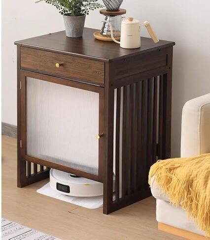 Wooden Robot Vacuum Stand, End Table with Charging Station Compartment, Side Table with Drawer for Robot Vacuum in Kuwait