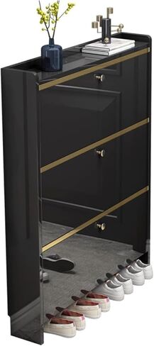 Shoe Cabinet, 17cm Ultra-Thin Narrow flip Shoe Cabinet, 3-Story Modern Entrance Shoe Rack, Black Glossy with Gold Trim, Small Space Apartment with Adjustable compartments in Kuwait