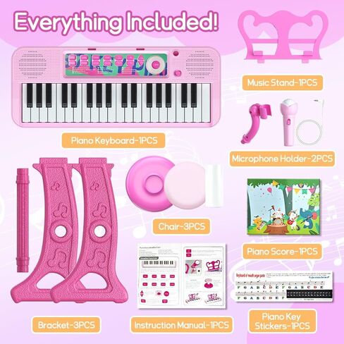 Kids Piano Keyboard Toy with Stool Toddler Girls Pink Toy Piano with Stand for Toddler Birthday Gift for 3 4 5 6 7 Year Old Girl Music Instrument Toys in Kuwait