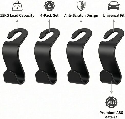 4 Pack Car Seat Headrest Hooks - Universal Back Seat Hanger for Purses, Grocery Bags, and Handbags - Stylish Black Car Organizer Hooks for Interior Storage, Easy Installation, Fits Most Vehicles in Kuwait