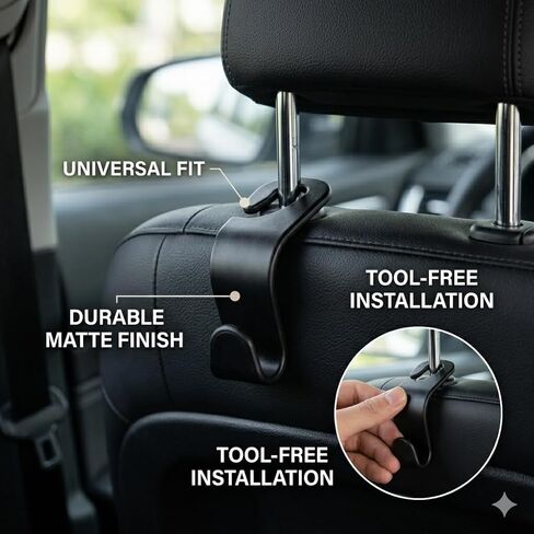4 Pack Car Seat Headrest Hooks - Universal Back Seat Hanger for Purses, Grocery Bags, and Handbags - Stylish Black Car Organizer Hooks for Interior Storage, Easy Installation, Fits Most Vehicles in Kuwait