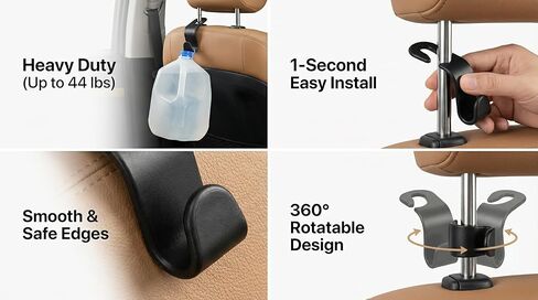 4 Pack Car Seat Headrest Hooks - Universal Back Seat Hanger for Purses, Grocery Bags, and Handbags - Stylish Black Car Organizer Hooks for Interior Storage, Easy Installation, Fits Most Vehicles in Kuwait