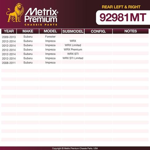 أجزاء هيكل Metrix Premium - طقم ذراع السحب الخلفي الأيسر والأيمن يناسب 09-13 Subaru Forester، 08-11 Impreza، 12-14 Impreza WRX، WRX Limited، WRX Premium، WRX STI، WRX STI Limited RK643598، RK643597 in Kuwait