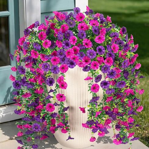 Jasion 4 Bundles Artificial Hanging Flowers Outdoor Realistic Morning Glory Silk Fake Plants UV Resistant for Porch Balcony Fence Decor (Purple) in Saudi Arabia