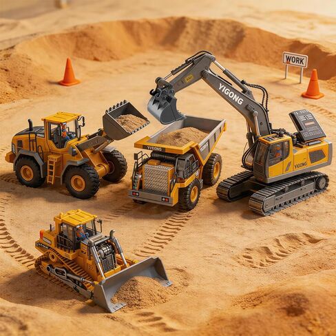 2.4GHz RC Construction Set of 4 – Excavator, Dump Truck, Loader, Bulldozer, Lights Sounds Die-Cast Alloy Parts | Team Play, Boost Communication & Coordination in Kuwait