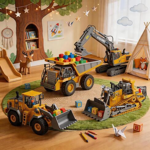 2.4GHz RC Construction Set of 4 – Excavator, Dump Truck, Loader, Bulldozer, Lights Sounds Die-Cast Alloy Parts | Team Play, Boost Communication & Coordination in Kuwait