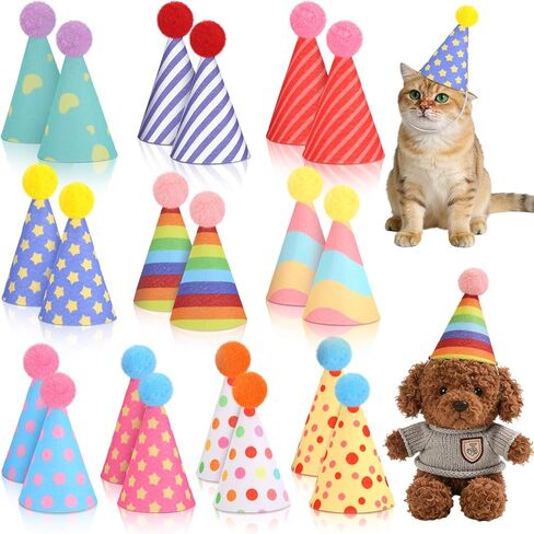 20 Pack Mini Pet Party Hats, 10 Unique Styles with 2 Each, Adjustable Felt Birthday Hats for Small Dogs Cats Rabbits Stuffed Animals and Doll Costume Accessories in Kuwait
