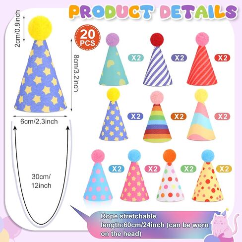 20 Pack Mini Pet Party Hats, 10 Unique Styles with 2 Each, Adjustable Felt Birthday Hats for Small Dogs Cats Rabbits Stuffed Animals and Doll Costume Accessories in Kuwait