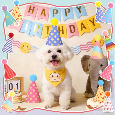 20 Pack Mini Pet Party Hats, 10 Unique Styles with 2 Each, Adjustable Felt Birthday Hats for Small Dogs Cats Rabbits Stuffed Animals and Doll Costume Accessories in Kuwait
