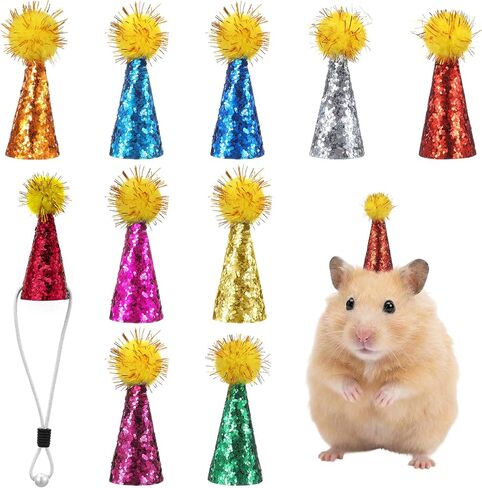 Tiny Party Hats for Stuffed Animals Hamster Hat Pet Show 10pack Mini Small Dog Hats with Sequin with Tinsel Pom Birthday Party Accessories Adjustable for Snakes Hedgehog Lizard Reptile in Kuwait