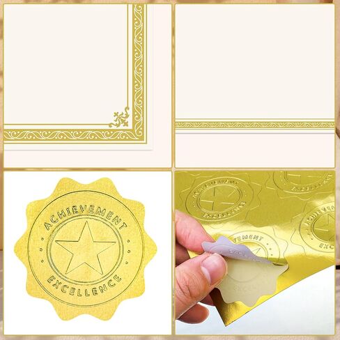 100 Sheets Certificate Paper with Gold Stickers, 8.5 × 11'' Cardstock Gold Foil Border Printable Certificates for Graduation Diploma Award Employee Recognition Marriage in Kuwait